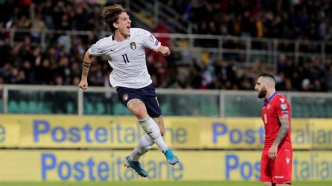 Italy's Nicolo Zaniolo celebrating goal